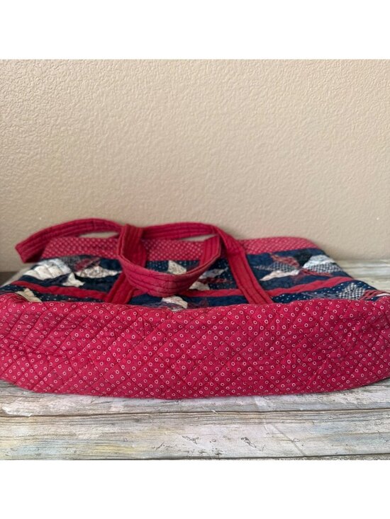 J Peterman Cotton Quilted Patchwork Tote Bag Americana Pinwheel Red Blue Vintage - Picture 4 of 15